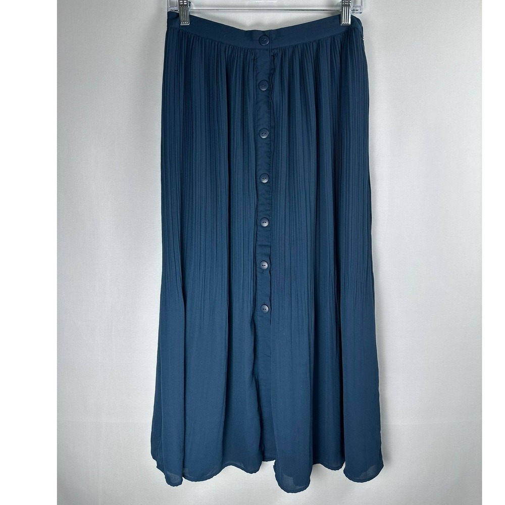 DR2 Pleated Button Front Skirt Women M Blue Chiffon Lined Boho‎ Romantic Classic